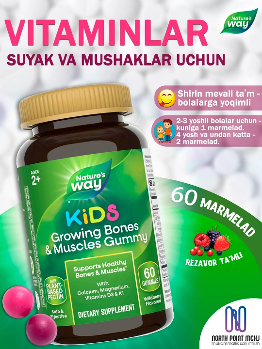 Bolalar multivitamini, Kalsiy magniy D3 K2 vtaminlar majmuasi Growing Bones 60 marmelad - 