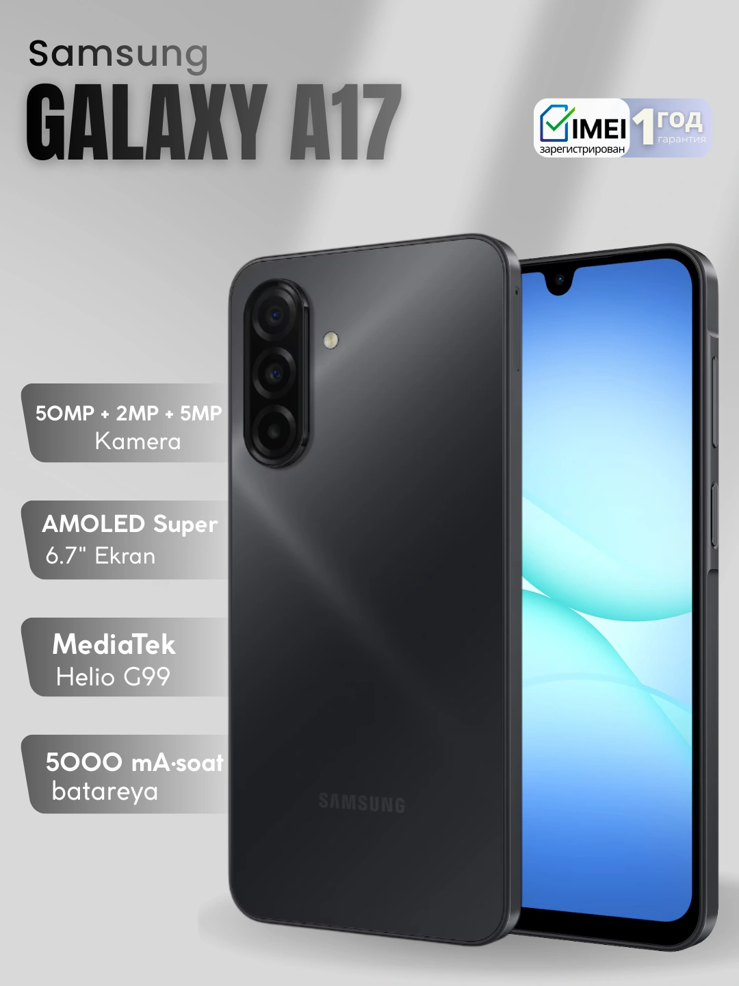 Смартфон Samsung Galaxy A17 4G,Super AMOLED, 50Мп, 5000 мА/ч, гарантия 1 год за 2379000 сум со скидкой 41%. Uzum Market