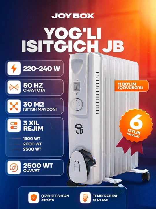 Moyli JB isitgich,2500Vt quvvatli termostatli pech,11 ta qovurg‘a,30 kv.m gacha,shovqinsiz - 