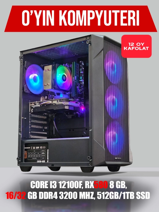 O'yinlar va grafika komyuteri, RX580 8Gb, Corei3 12100F, 16/32 DDR4 3200MHz, 512Gb/1Tb SSD - 