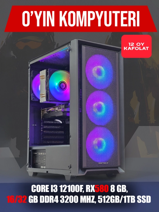 O'yinlar va grafika komyuteri, RX580 8Gb, Corei3 12100F, 16/32 DDR4 3200MHz, 512Gb/1Tb SSD