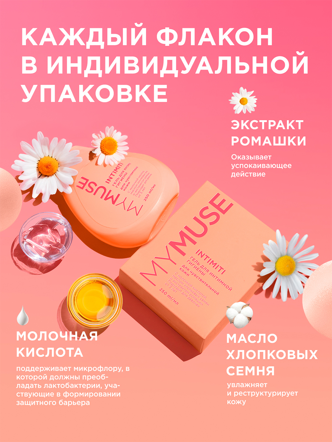 Гель для интимной гигиены MYMUSE с ромашкой для чувствительной кожи, 250 мл