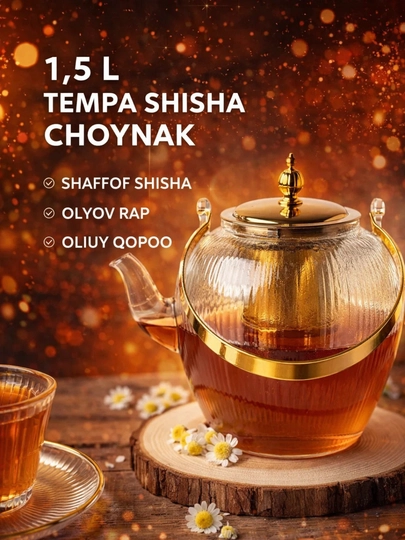 Shisha choynak 1,5  litr, issiqni ushlovchi, shaffof dizayn, uy va mehmonlar uchun qulay - 