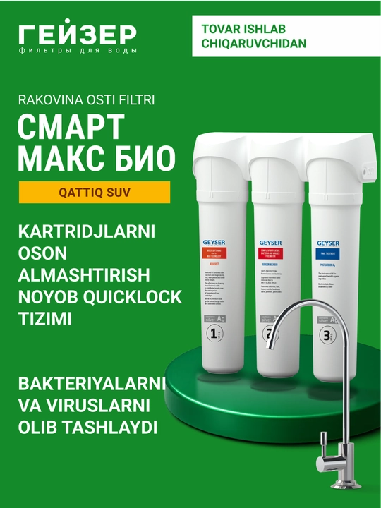 Geyser Smart MaxBio lavabo uchun suv filtri, qattiq suv uchun, viruslar va bakteriyalardan
