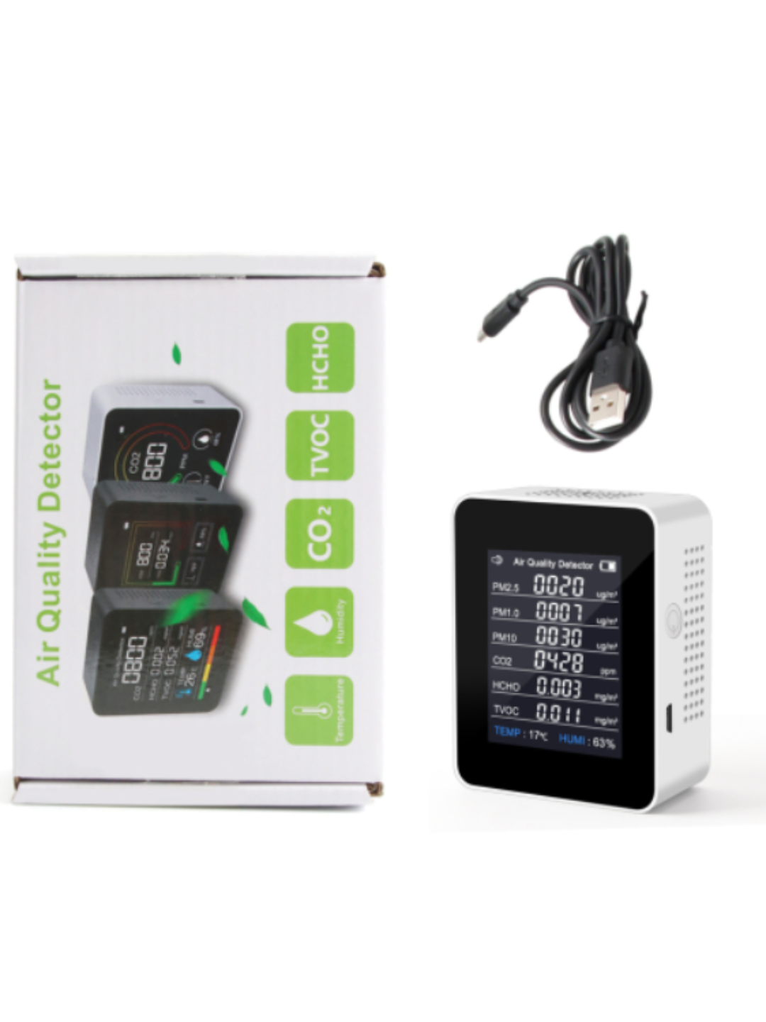 Детектор качества воздуха 8-в-1 — CO₂, PM2.5, PM1.0, PM10, HCHO, TVOC,
