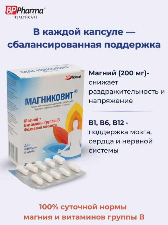 Магний + B1, B6, B12 витамины, Магниковит,  капсулы №30