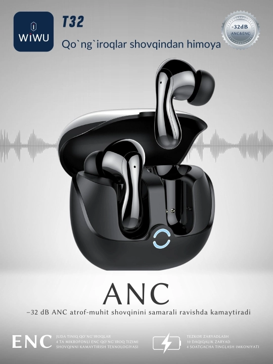 WiWU T32 ENC Plus ANC funksiyasiga ega haqiqiy simsiz Bluetooth quloqchin - 