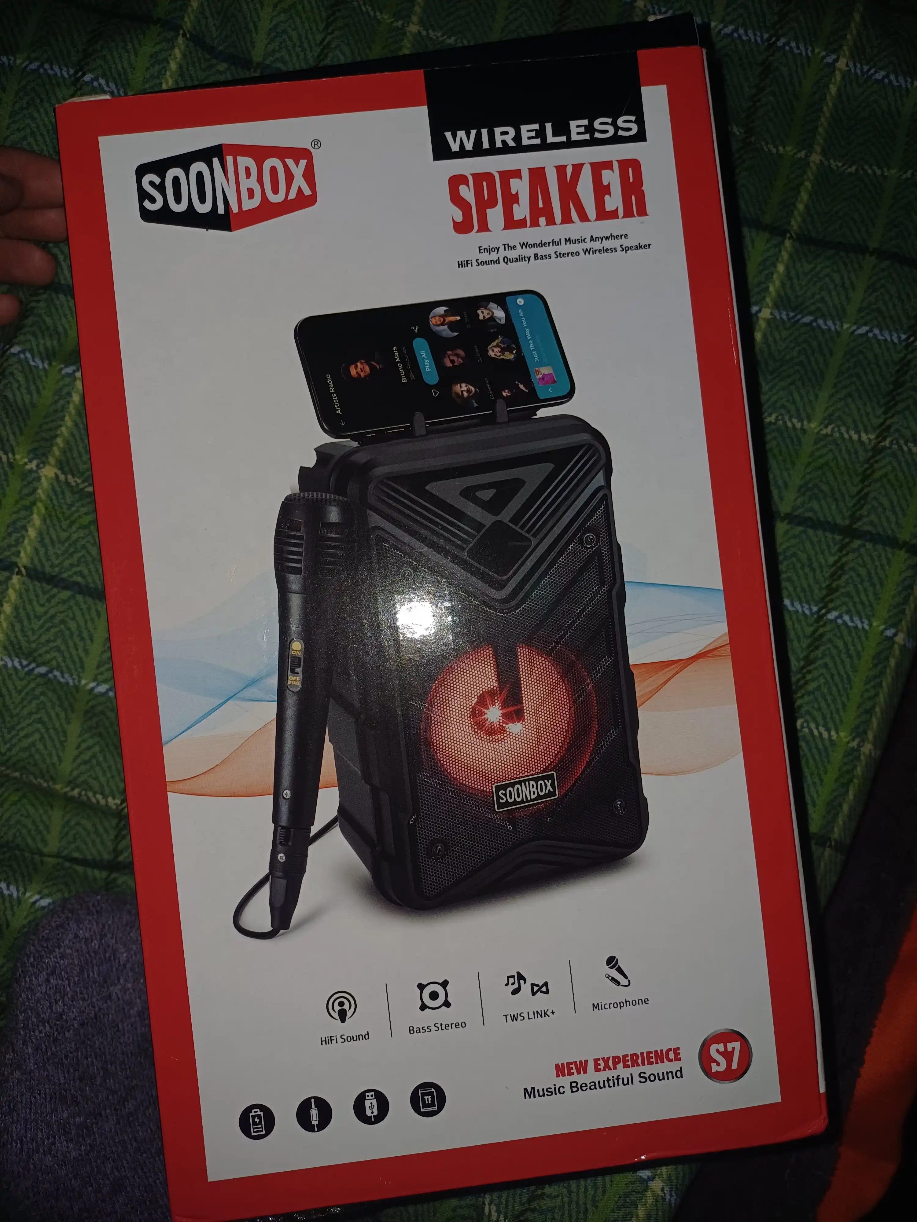 Soonbox S7 karaoke kolonka, Bluetooth, FM radio, mikrofonli, LED yoritgichli