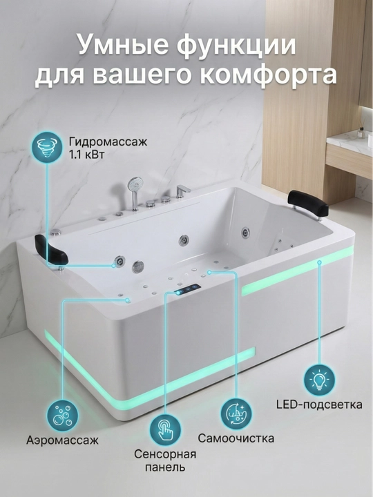 Aeromassaj, sensorli panel, LED yoritgichli akrildan tayyorlangan Jakuzi gidromassaj vannasi