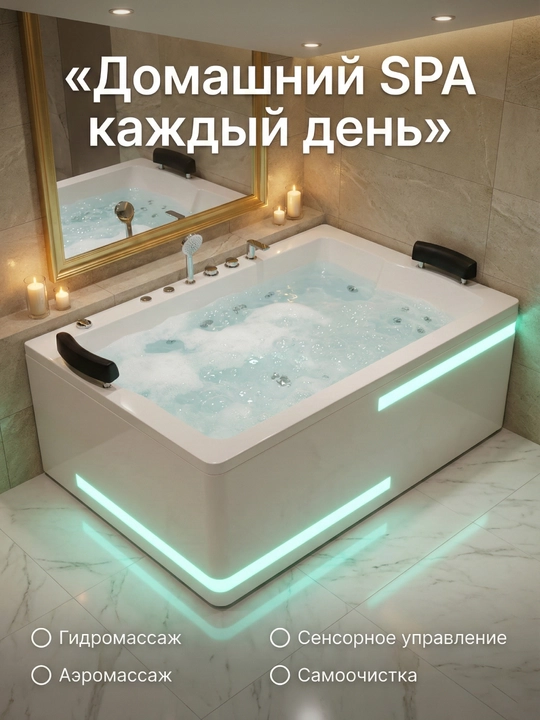 Гидромассажная ванна Джакузи из акрила с аэромассажем, сенсорной панелью, LED-подсветкой - 