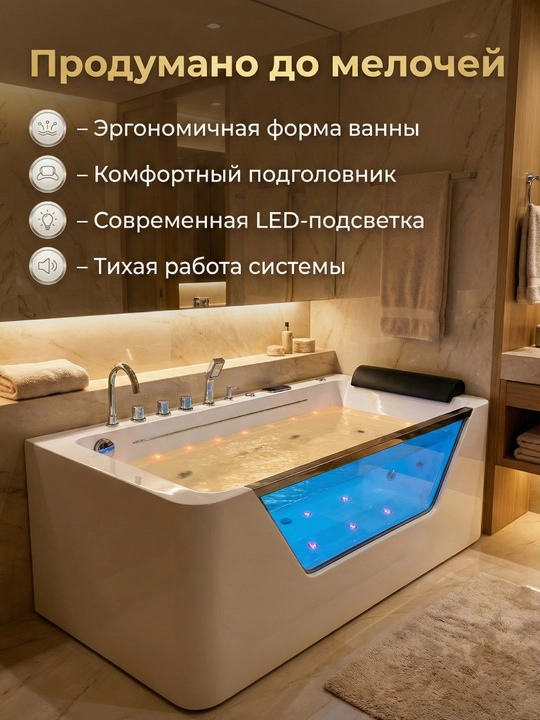 Aeromassaj, sensorli panel, LED yoritgichli akrildan tayyorlangan Jakuzi gidromassaj vannasi