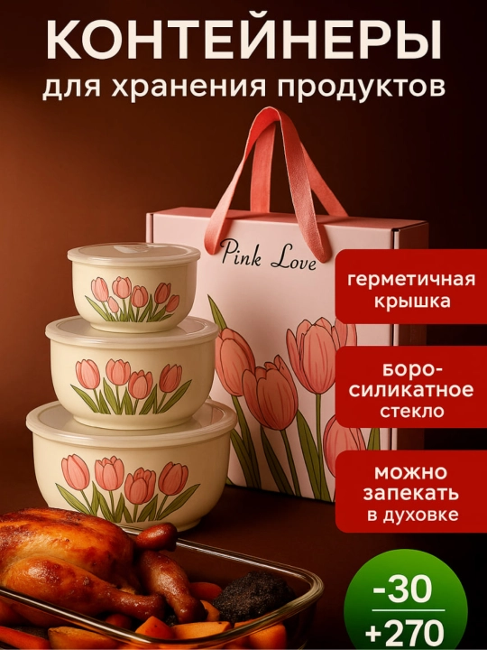 Контейнеры для хранения продуктов Pink Love из боросиликатного стекла, герметичные