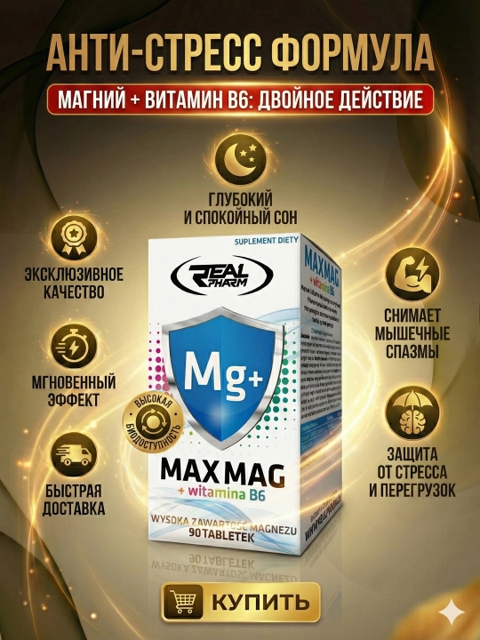 Real Pharm Max Mag + B6 – Magniy B6 vitamin asab tizimi va mushaklar uchun, 90 tabletka
