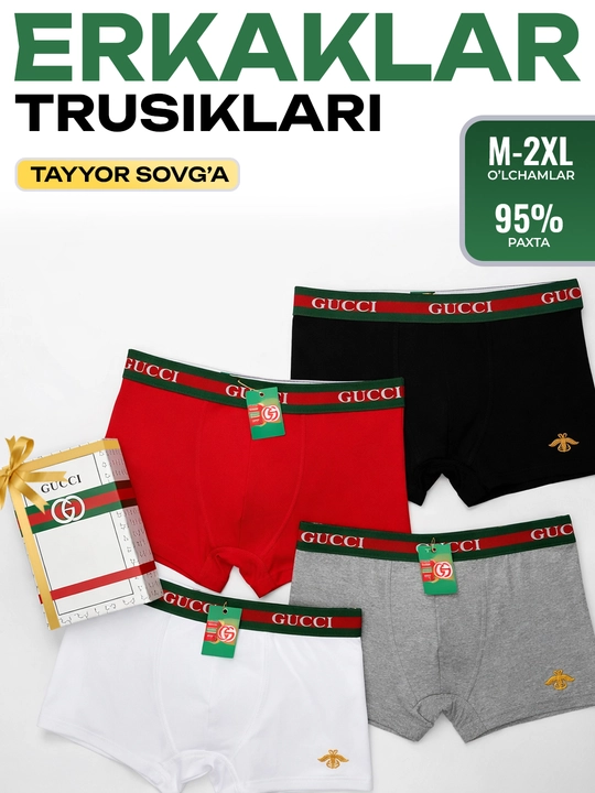 Erkaklar trusiklari GUCCI, 4 dona va 1 donadan iborat to‘plam,95% paxtadan,sovg‘a qutisida