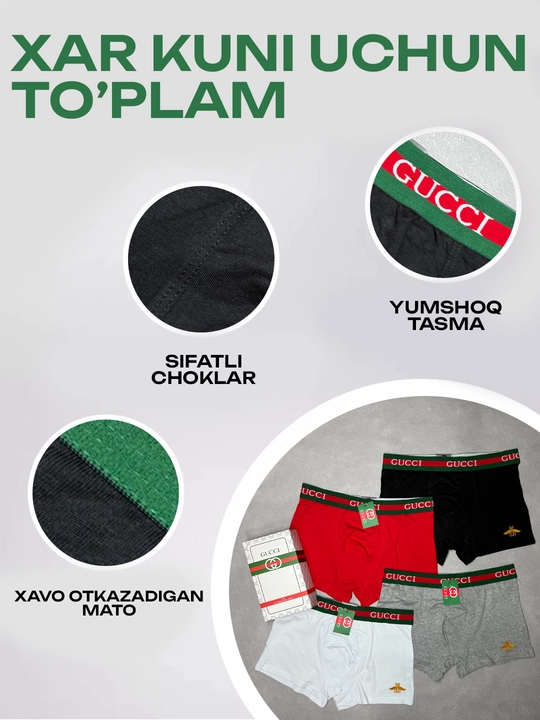 Erkaklar trusiklari GUCCI, 4 dona va 1 donadan iborat to‘plam,95% paxtadan,sovg‘a qutisida