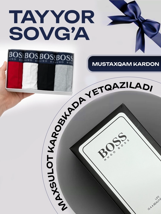 Erkaklar uchun sport trusiklari, 4 ta to‘plam, 95% paxtadan tayyorlangan, sovg‘a qutisida