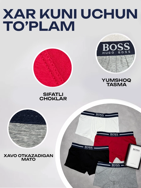 Erkaklar uchun sport trusiklari, 4 ta to‘plam, 95% paxtadan tayyorlangan, sovg‘a qutisida