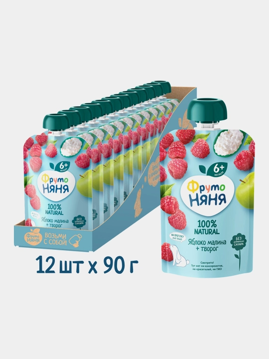 FrutoNyanya mevali pyure olma-ko‘kmeva bilan tvorog 90 g paуч 12 dona