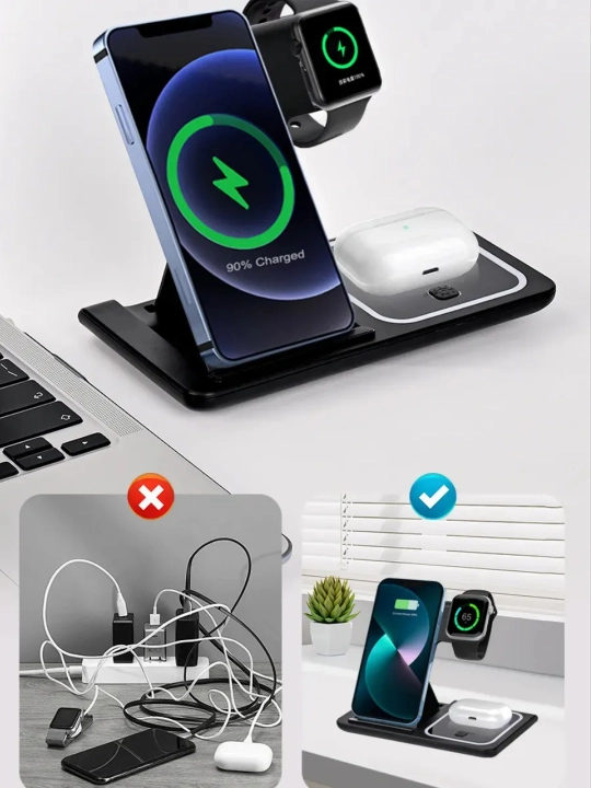 3-in-1 Simsiz Zaryadlovchi Stansiya – Telefon, Soat va AirPods uchun