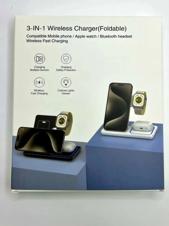 3-in-1 Simsiz Zaryadlovchi Stansiya – Telefon, Soat va AirPods uchun