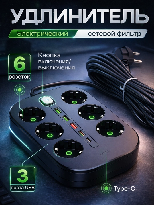 Smart Uzaytirgich 6+3 USB & Type-C — Tarmoq filtri - 