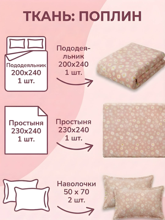 Постельное белье, двуспальное, 100% хлопок, поплин, 200 x 240