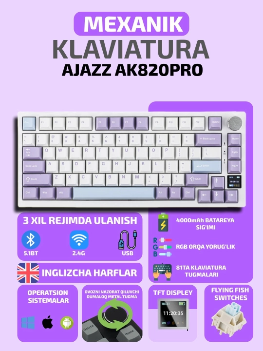 Mexanik Klaviatura AJAZZ AK820 Pro, Geymerlar uchun, Simsiz, Bluetooth, RGB Yoritgichli