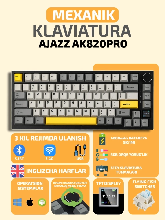 Mexanik Klaviatura AJAZZ AK820 Pro, Geymerlar uchun, Simsiz, Bluetooth, RGB Yoritgichli