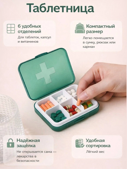 Таблетница, контейнер для бадов, лекарств и витаминов, органайзер портативный для таблеток - 