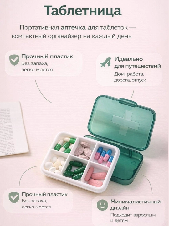 Таблетница, контейнер для бадов, лекарств и витаминов, органайзер портативный для таблеток