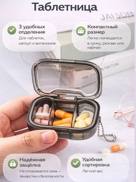 Таблетница, контейнер для бадов, лекарств и витаминов, органайзер портативный для таблеток