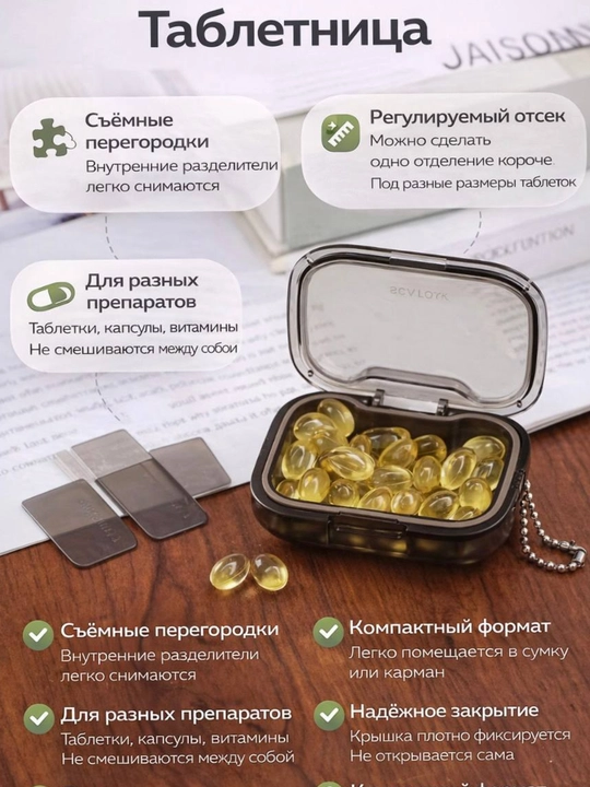 Таблетница, контейнер для бадов, лекарств и витаминов, органайзер портативный для таблеток