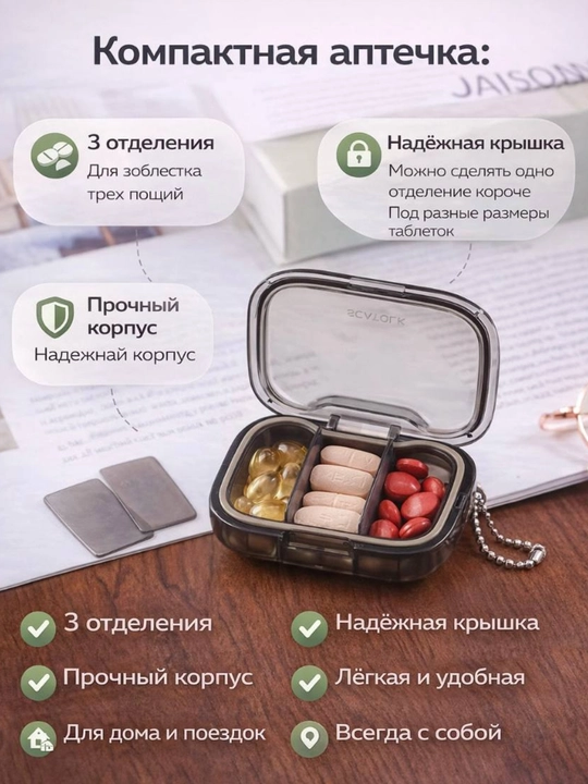 Таблетница, контейнер для бадов, лекарств и витаминов, органайзер портативный для таблеток - 