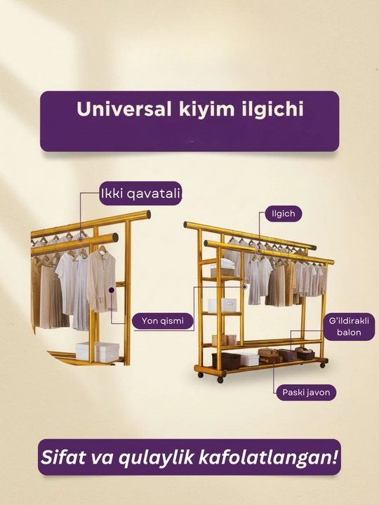 Garderob, poldagi osma javon, kiyim ilgich, g‘ildirakli javon