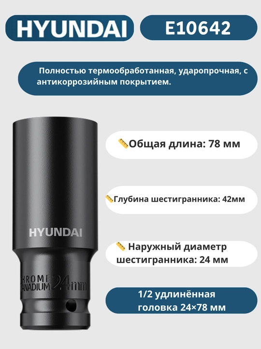 Удлинённая головка 8/9/10/11/12/13/14/15/16/17/18/19/20/21/22/23/24/27/30/32×78 мм HYUNDAI