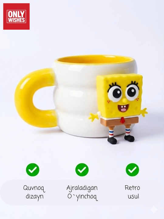 Spanj Bob 3D dizaynli keramika krujka, ajraladigan figurali bolalar va sovg‘a uchun