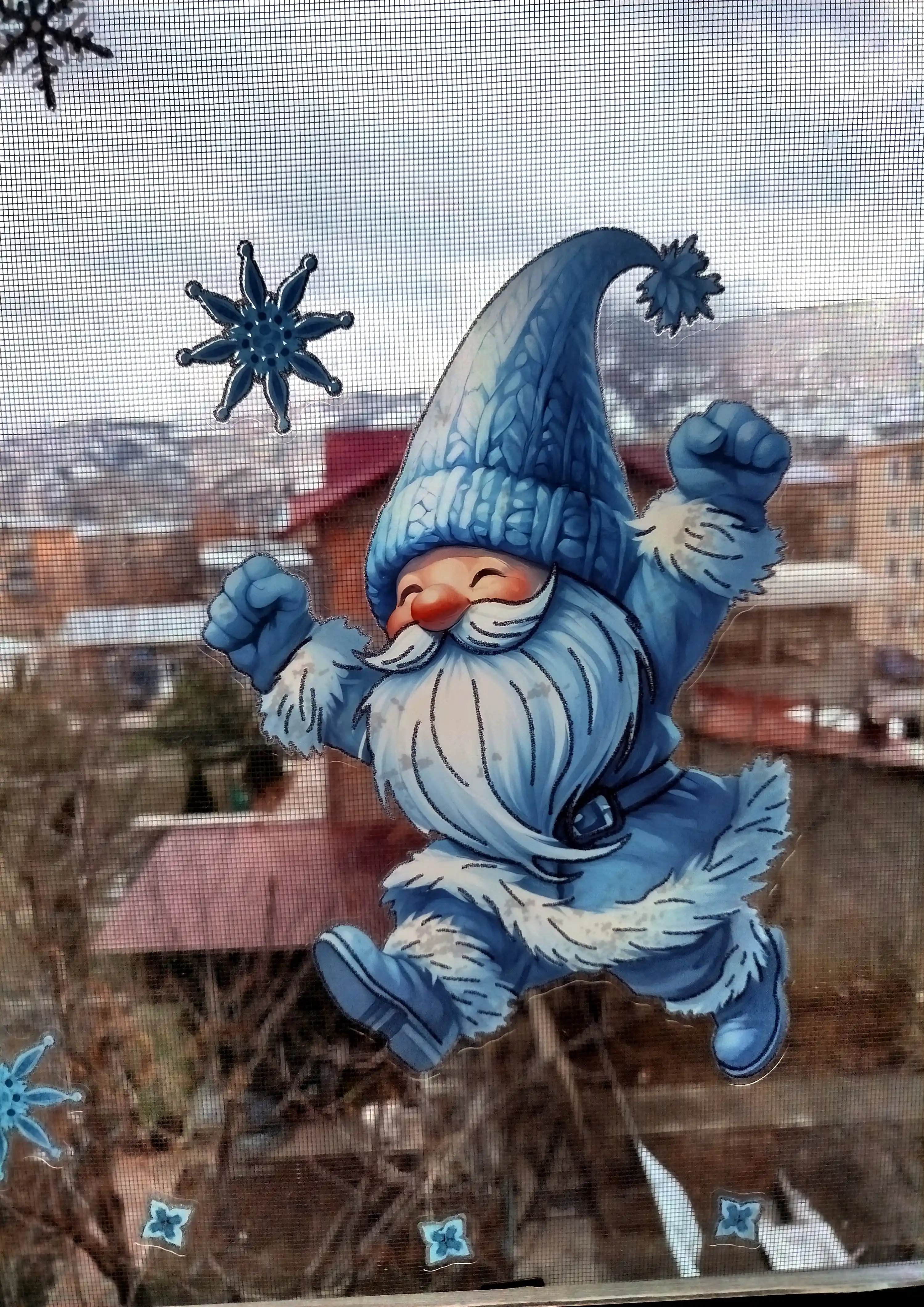 Yangi yil uchun derazaga statik ikki tomonlama nakleykalar to‘plami Ded Moroz, qor parcha