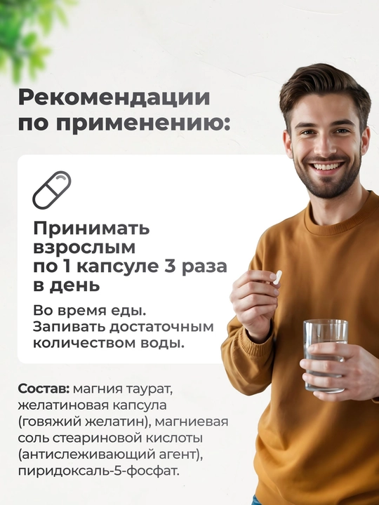 Магний таурат + Витамин B6, VitaMeal, для нервной системы, 90 капсул