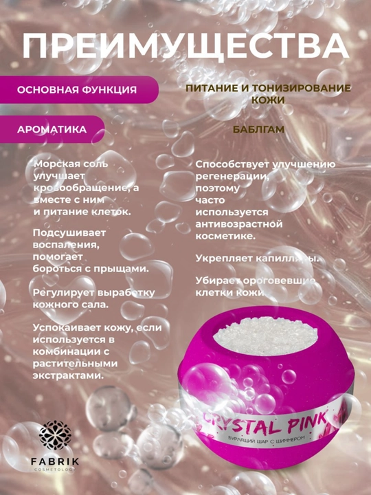 Бомбочка с шиммером и морской солью Crystal Mint, Blue, Pink, 210 гр, Fabrik Cosmetology