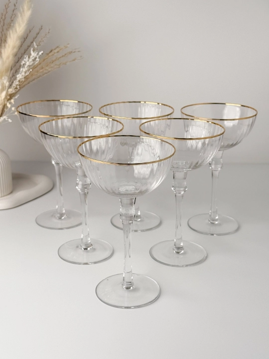 Стеклянные креманки (бокалы coupe) 6 шт., с золотистой кромкой, для десерта/коктейля - 