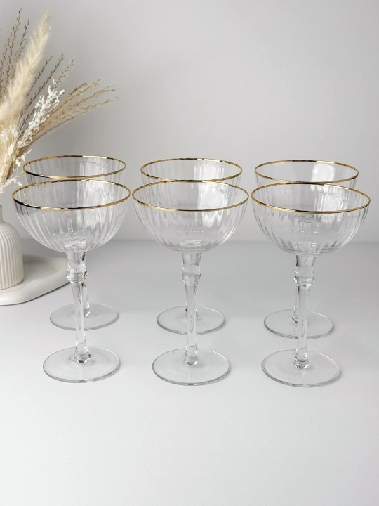 Стеклянные креманки (бокалы coupe) 6 шт., с золотистой кромкой, для десерта/коктейля