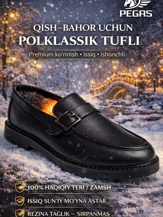 Polklassik erkaklar oyoq kiyimi – 100% tabiiy teri, issiq mexli, qishki model 39–46 - 