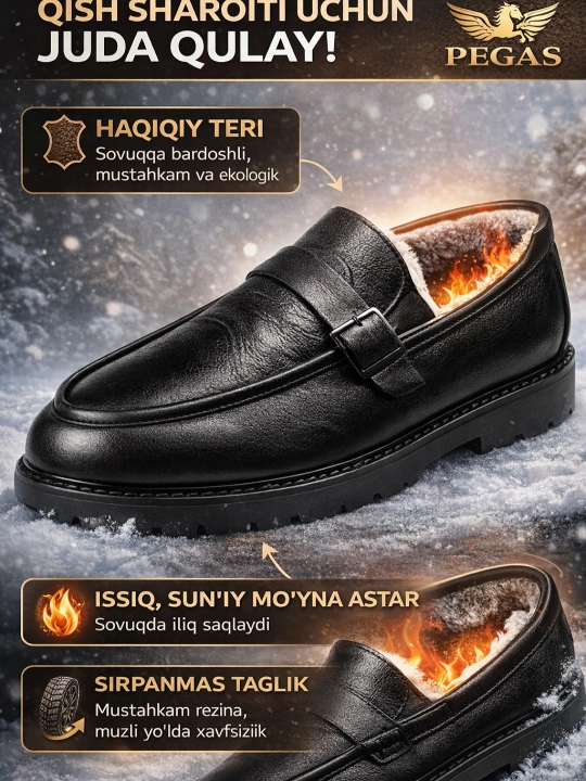 Yarim klassik erkaklar poyabzali - 100% tabiiy charm, issiq mo‘ynali, qishki 39-46