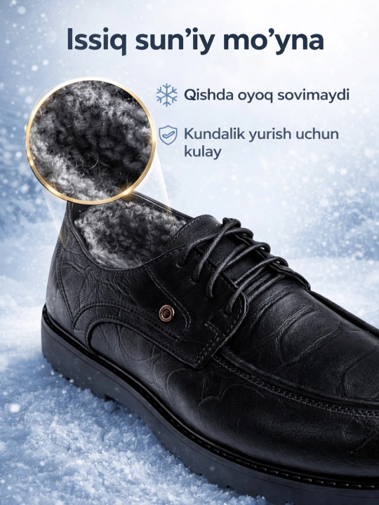 Yarim klassik erkaklar poyabzali - 100% tabiiy charm, issiq mo‘ynali, qishki 39-46