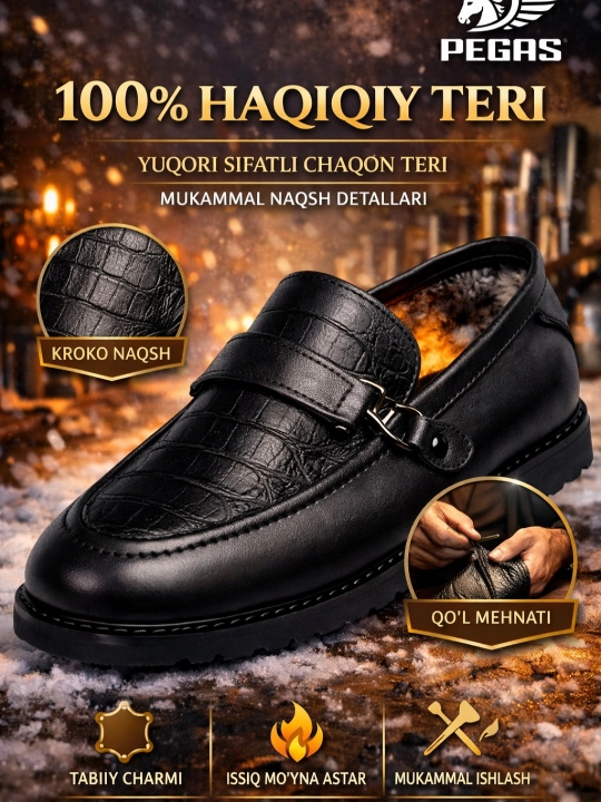 Polklassik erkaklar oyoq kiyimi – 100% tabiiy teri, issiq mexli, qishki model 39–46 - 