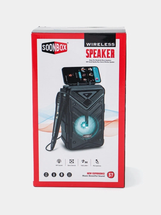 Soonbox S7 karaoke kolonka Bluetooth FM mikrofonli LED yoritgichli portativ