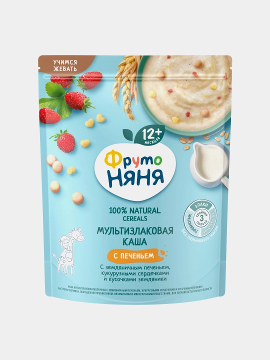 Каша детская ФрутоНяня мультизлаковая молочная с земляничным печеньем и ягодами 200 г - 