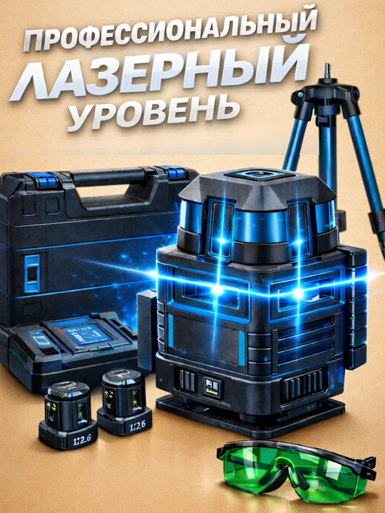 Лазерный уровень 4D, 16 линий, зелёный луч, со штативом, платформой и аккумулятором