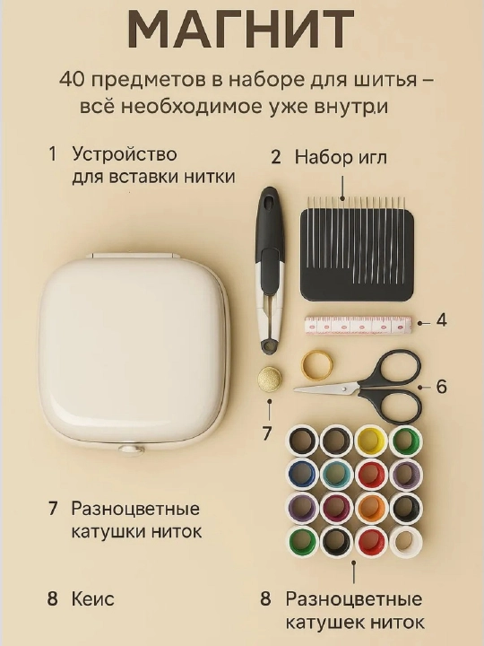 Швейный набор 40 предметов – 20 цветных нитей, иглы, ножницы, сантиметр