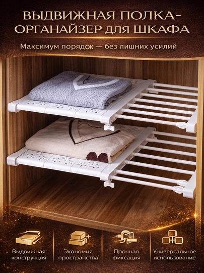 Раздвижная полка-органайзер для шкафа и кухни — URBANGO-POLKA-БЕЛЫЙ-45s70sm